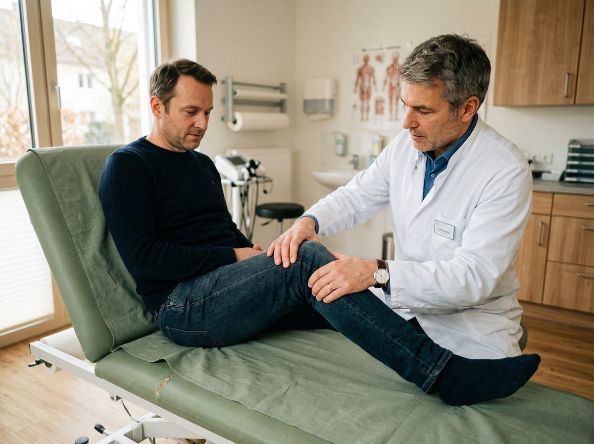 Orthopäde untersucht ein Kniegelenk